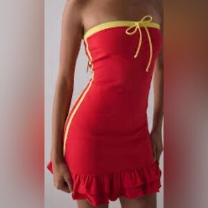 Out from under red and yellow stripe tube ruffled mini dress size small